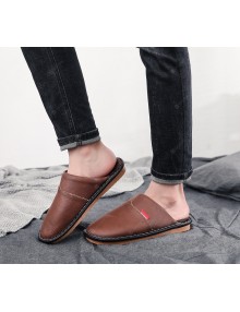 Haining Leather Leather Autumn And Winter Home Cotton Slippers With Non-slip Waterproof Heavy-bottomed Men And Women Warm Shoes Care