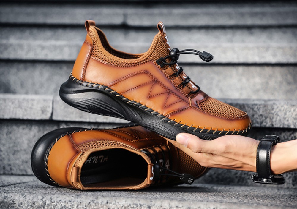 Men Comfortable Leather Shoes Cowhide Outdoor Footwear Lazy Super Light Large Size Casual Footwear - Light Brown EU 46