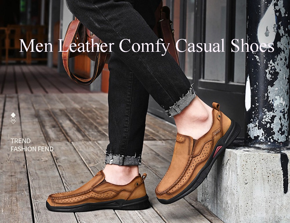 Men Leather Comfy Casual Shoes Round Toe Solid Pattern - Deep Coffee EU 39